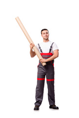 Plumber with plastic pipe isolated on white