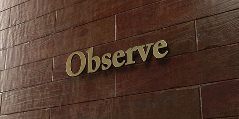 Observe - Bronze plaque mounted on maple wood wall  - 3D rendered royalty free stock picture. This image can be used for an online website banner ad or a print postcard.