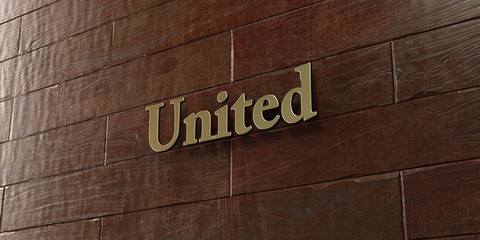 United - Bronze plaque mounted on maple wood wall  - 3D rendered royalty free stock picture. This image can be used for an online website banner ad or a print postcard.