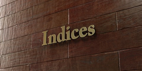 Indices - Bronze plaque mounted on maple wood wall  - 3D rendered royalty free stock picture. This image can be used for an online website banner ad or a print postcard.