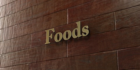 Foods - Bronze plaque mounted on maple wood wall  - 3D rendered royalty free stock picture. This image can be used for an online website banner ad or a print postcard.