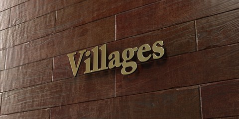 Villages - Bronze plaque mounted on maple wood wall  - 3D rendered royalty free stock picture. This image can be used for an online website banner ad or a print postcard.