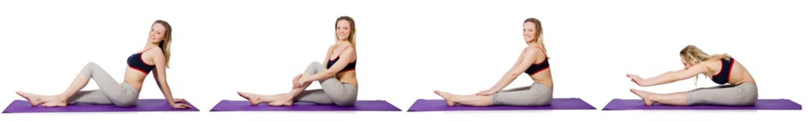 Naklejka premium Young female doing exercises on white