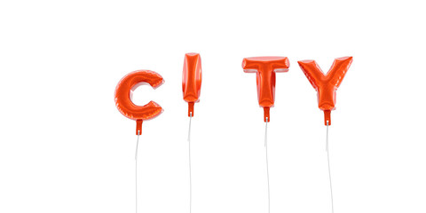 CITY - word made from red foil balloons - 3D rendered.  Can be used for an online banner ad or a print postcard.