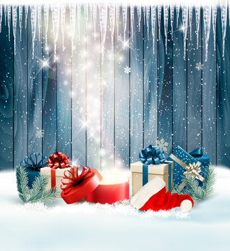 Christmas holiday background with presents and magic box. Vector
