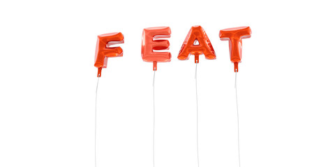 FEAT - word made from red foil balloons - 3D rendered.  Can be used for an online banner ad or a print postcard.