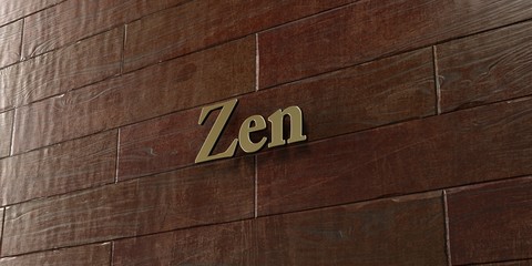 Zen - Bronze plaque mounted on maple wood wall  - 3D rendered royalty free stock picture. This image can be used for an online website banner ad or a print postcard.