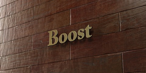 Boost - Bronze plaque mounted on maple wood wall  - 3D rendered royalty free stock picture. This image can be used for an online website banner ad or a print postcard.