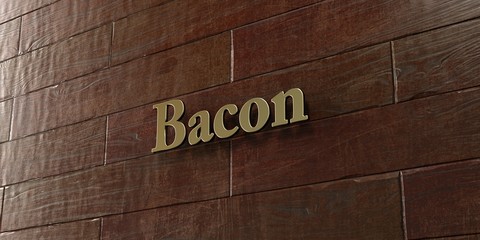 Bacon - Bronze plaque mounted on maple wood wall  - 3D rendered royalty free stock picture. This image can be used for an online website banner ad or a print postcard.