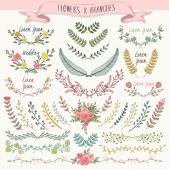 Vector illustration of a collection of floral borders. A set of beautiful flowers and branches for wedding invitations and birthday cards