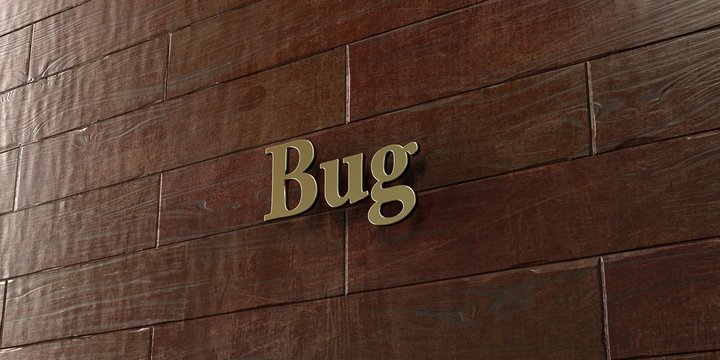 Bug - Bronze plaque mounted on maple wood wall  - 3D rendered royalty free stock picture. This image can be used for an online website banner ad or a print postcard.