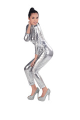 Asian woman wearing silver latex suit