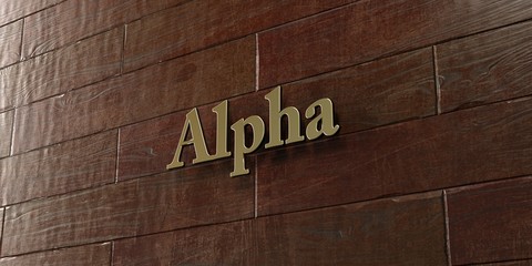 Alpha - Bronze plaque mounted on maple wood wall  - 3D rendered royalty free stock picture. This image can be used for an online website banner ad or a print postcard.
