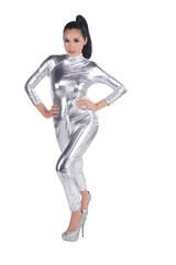 Asian woman wearing silver latex suit