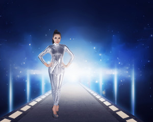 Pretty asian woman wearing latex jumpsuit