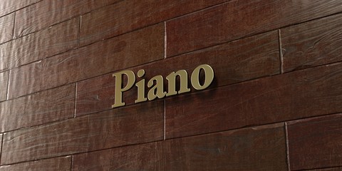 Piano - Bronze plaque mounted on maple wood wall  - 3D rendered royalty free stock picture. This image can be used for an online website banner ad or a print postcard.