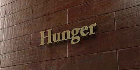 Hunger - Bronze plaque mounted on maple wood wall  - 3D rendered royalty free stock picture. This image can be used for an online website banner ad or a print postcard.