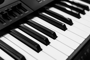 Piano keyboards black and white closeup | classic musical instrument | music entertainment