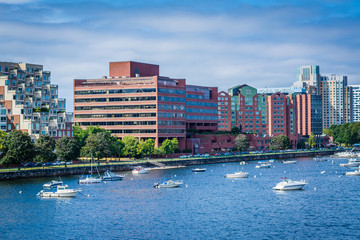 Boats in the Charles River and buildings in Cambridge, in Boston