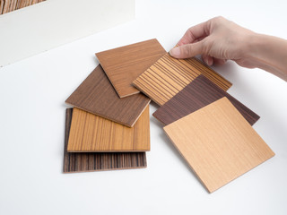 Samples of veneer wood on white background. interior design select material for idea.