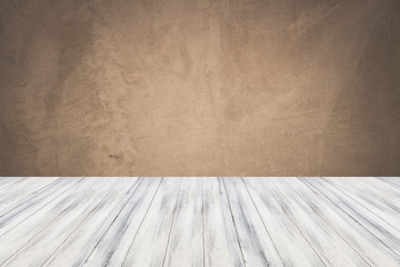 Empty white top wooden table with concrete wall background