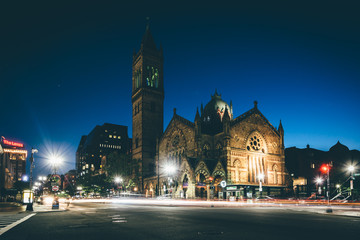 Fototapeta na wymiar The Old South Church at night, in Back Bay, Boston, Massachusett