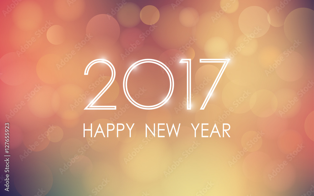 Wall mural happy new year 2017 with bokeh and lens flare pattern in vintage color style background (vector)