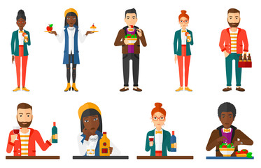 Vector set of people eating and drinking.