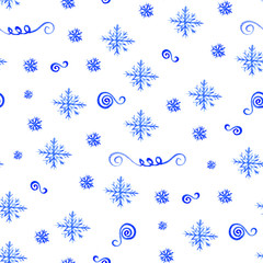 Seamless christmas pattern with watercolor blue snowflakes