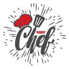 Chef logo. Lettering Hand lettering with a cap chef. Hipster style and rays. Symbol icon logo design.