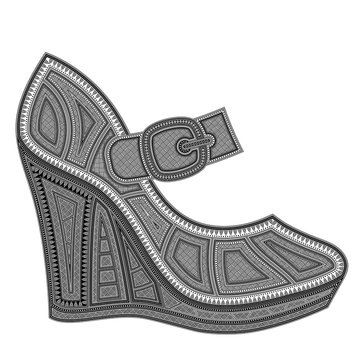 recommend clip art: черно-белый узорный силуэт женской туфли на танкетке, с ремешком и пряжкой, на белом фоне