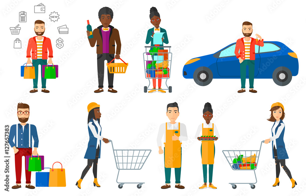 Poster vector set of shopping people characters.