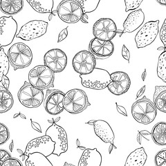 Black and white seamless pattern with lemons for coloring books