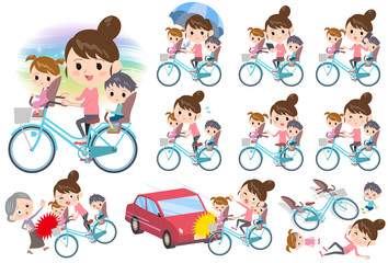 Mother and 2 Children ride on city bicycle