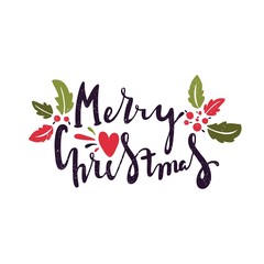 Hand drawing text for Merry Christmas. Christmas decorations. Heart, foliage.