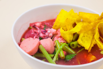 Rice Noodles Seafood   with  fish ball in red soup (Yen Ta Fo)