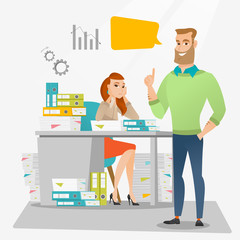 Stressed female office worker and her employer.