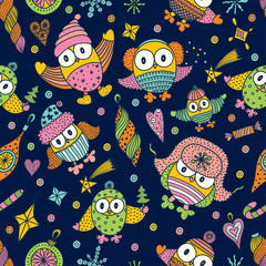 Christmas vector seamless pattern with owls and Christmas toys.