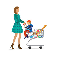 Mom with a child is shopping in the store. Vector illustration i