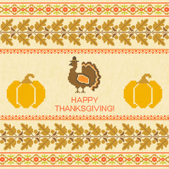 Thanksgiving emproidered background with turkey and pumpkin