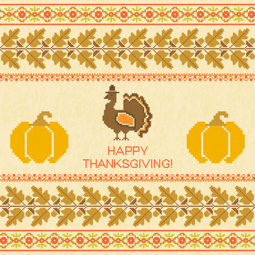 Thanksgiving emproidered background with turkey and pumpkin