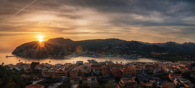Panoramic view of Harbour of Port de Andratx at sunset, Mallorca, Balearic Islands, Spain, Europe
