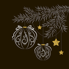 Abstract Christmas card with fir branch decoration with glass balls and stars, patterns, and texture of gold on dark background, vector illustration
