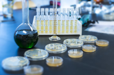 coronavirus scientific research glassware in laboratory