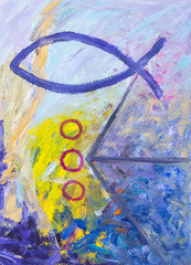 Obraz na płótnie Canvas The fish, Christian symbol and the arrow show meaning that christian have to go forward by the will of God, original oil painting on canvas