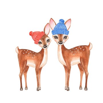 Fawns. Knitted caps. Cartoon illustration, isolated on white. Watercolor painting 