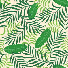 Seamless pattern with hand-drawn tropical leaves.
