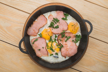 bacon and eggs in a pan