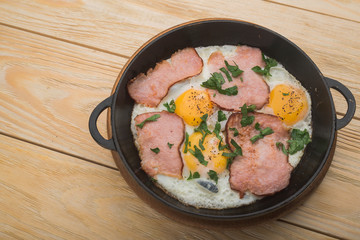 bacon and eggs in a pan