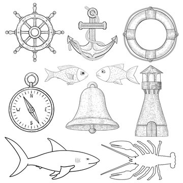 Nautical symbols. Hand drawn sketch